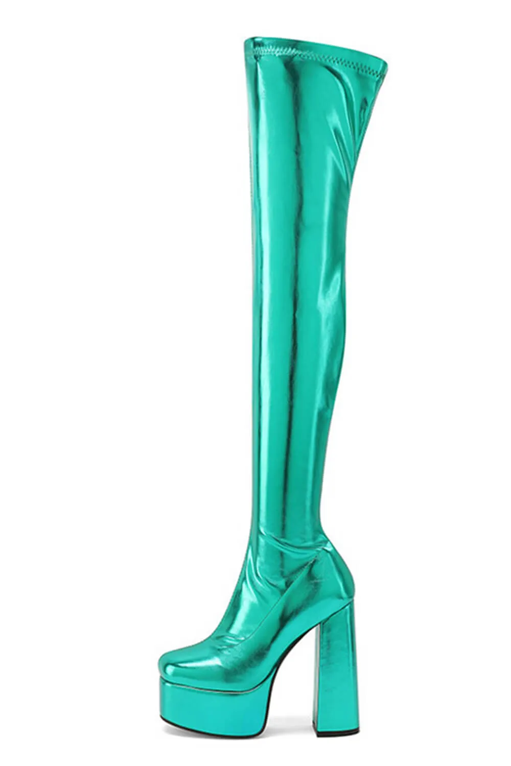 Metallic Faux Leather Platform Block Heel Thigh High Boots - Green sold by Floralkini