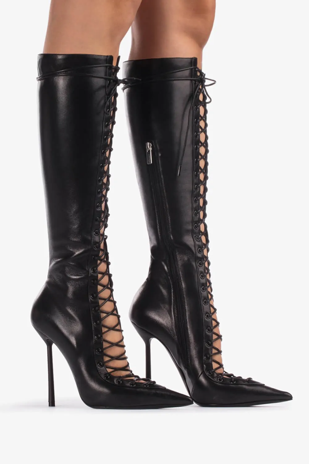 Laced-Up Tapered Toe Knee High Stiletto Boots - Black sold by Floralkini product image thumbnail 2