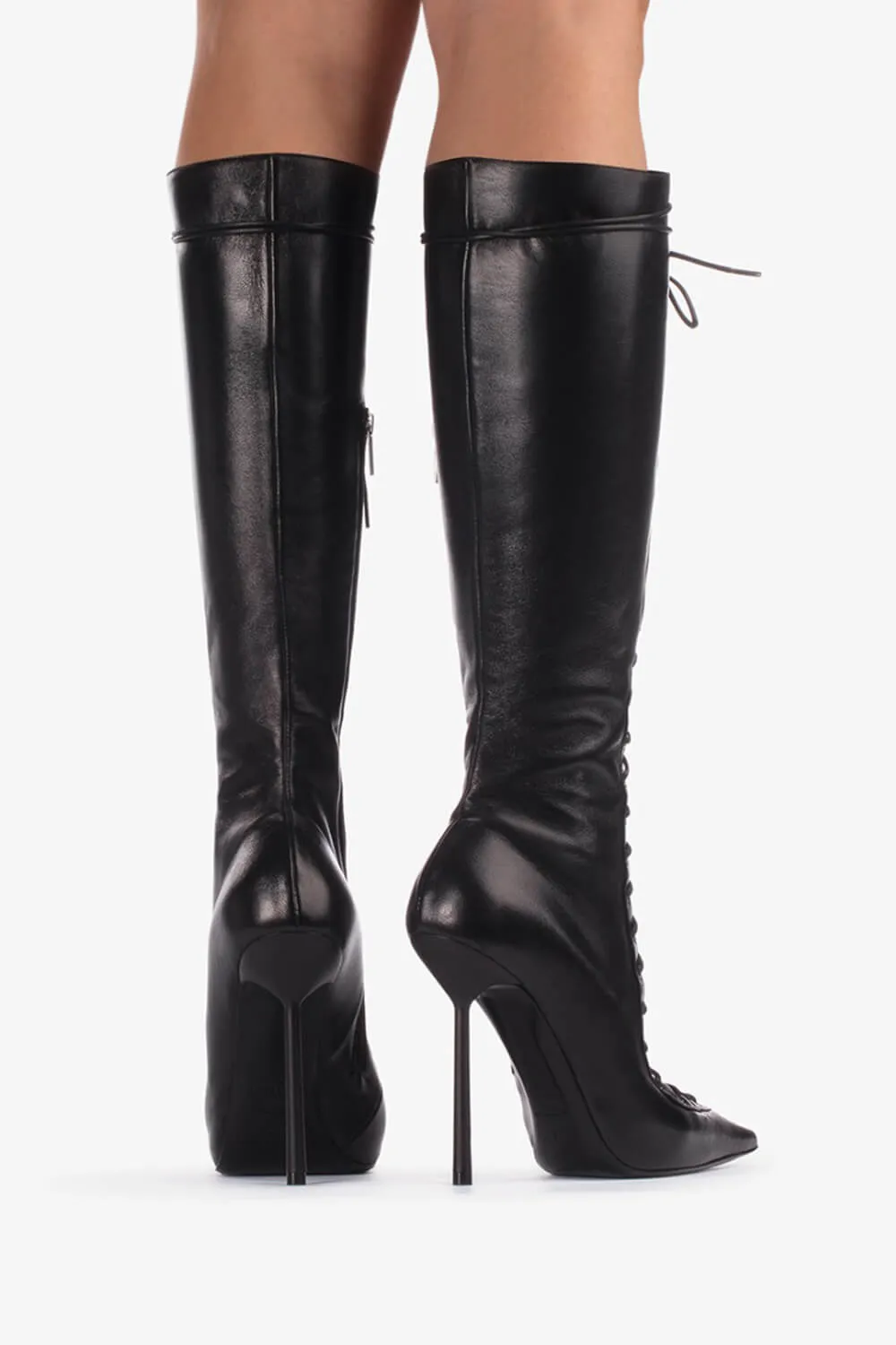 Laced-Up Tapered Toe Knee High Stiletto Boots - Black sold by Floralkini product image thumbnail 3