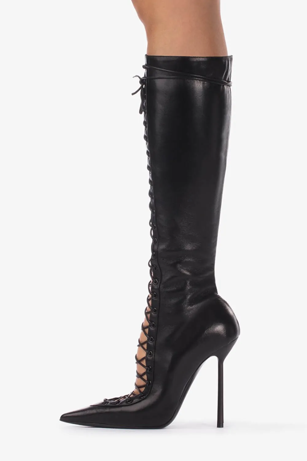 Laced-Up Tapered Toe Knee High Stiletto Boots - Black sold by Floralkini