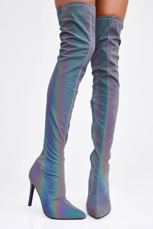 Rainbow Reflective Satin Pointed Toe Thigh High Boots sold by Floralkini