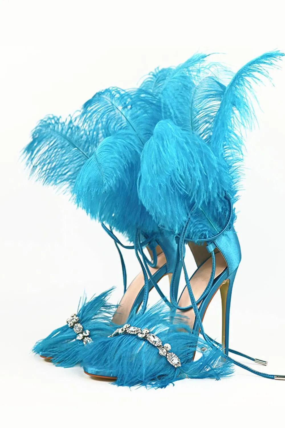 Blue Feather Rhinestone Embroidered High Heeled Sandals sold by Floralkini