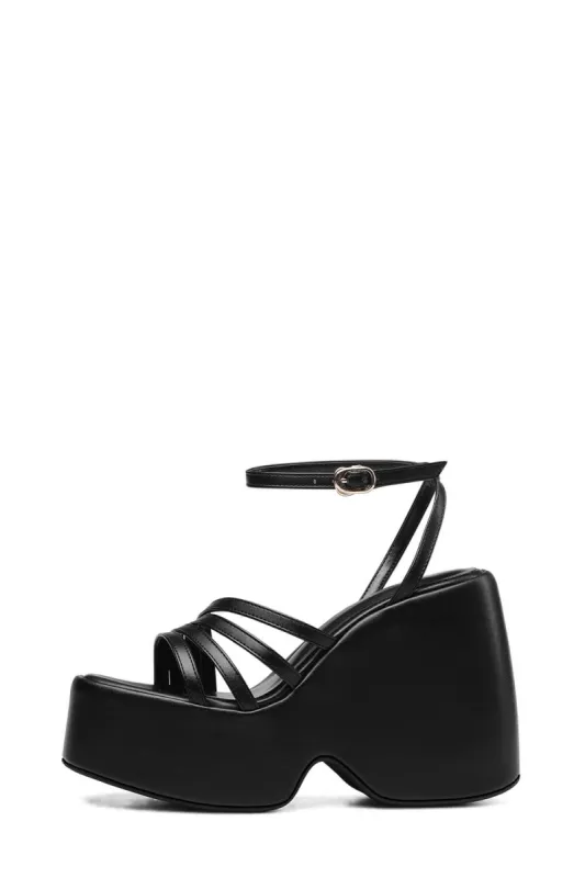 Faux Leather Strappy Peep Toe Wedge Heeled Ankle Sandals - Black sold by Floralkini