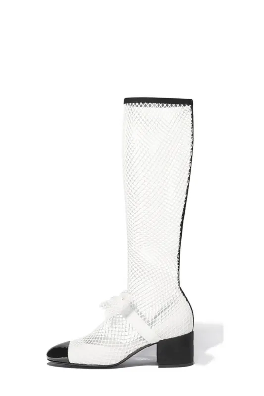 Suede Patent Fishnet Bow-Embellished Mary Jane Knee High Boots - Black & White sold by Floralkini