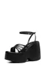 Faux Leather Strappy Peep Toe Wedge Heeled Ankle Sandals - Black sold by Floralkini