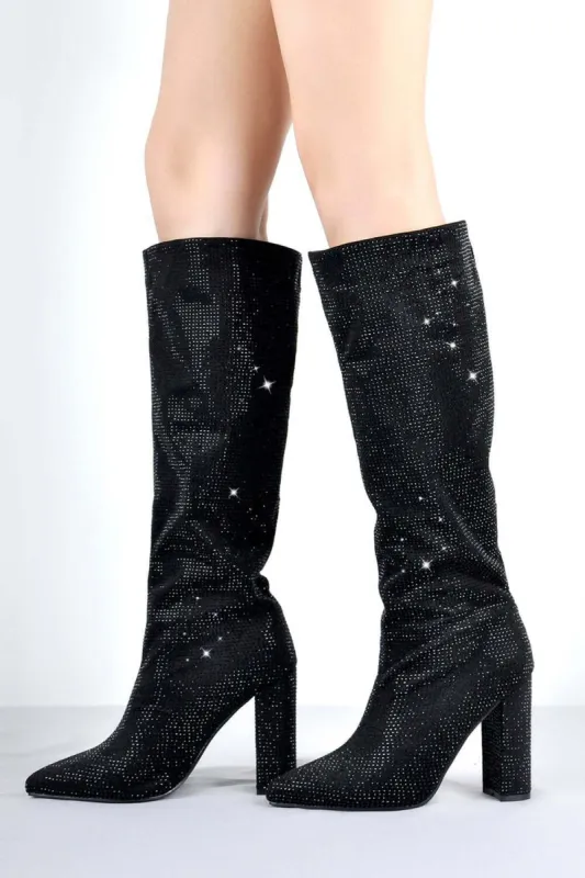 Glitter Knee High Pointed Toe Block Heeled Boots - Black sold by Floralkini