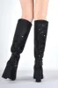 Glitter Knee High Pointed Toe Block Heeled Boots - Black sold by Floralkini