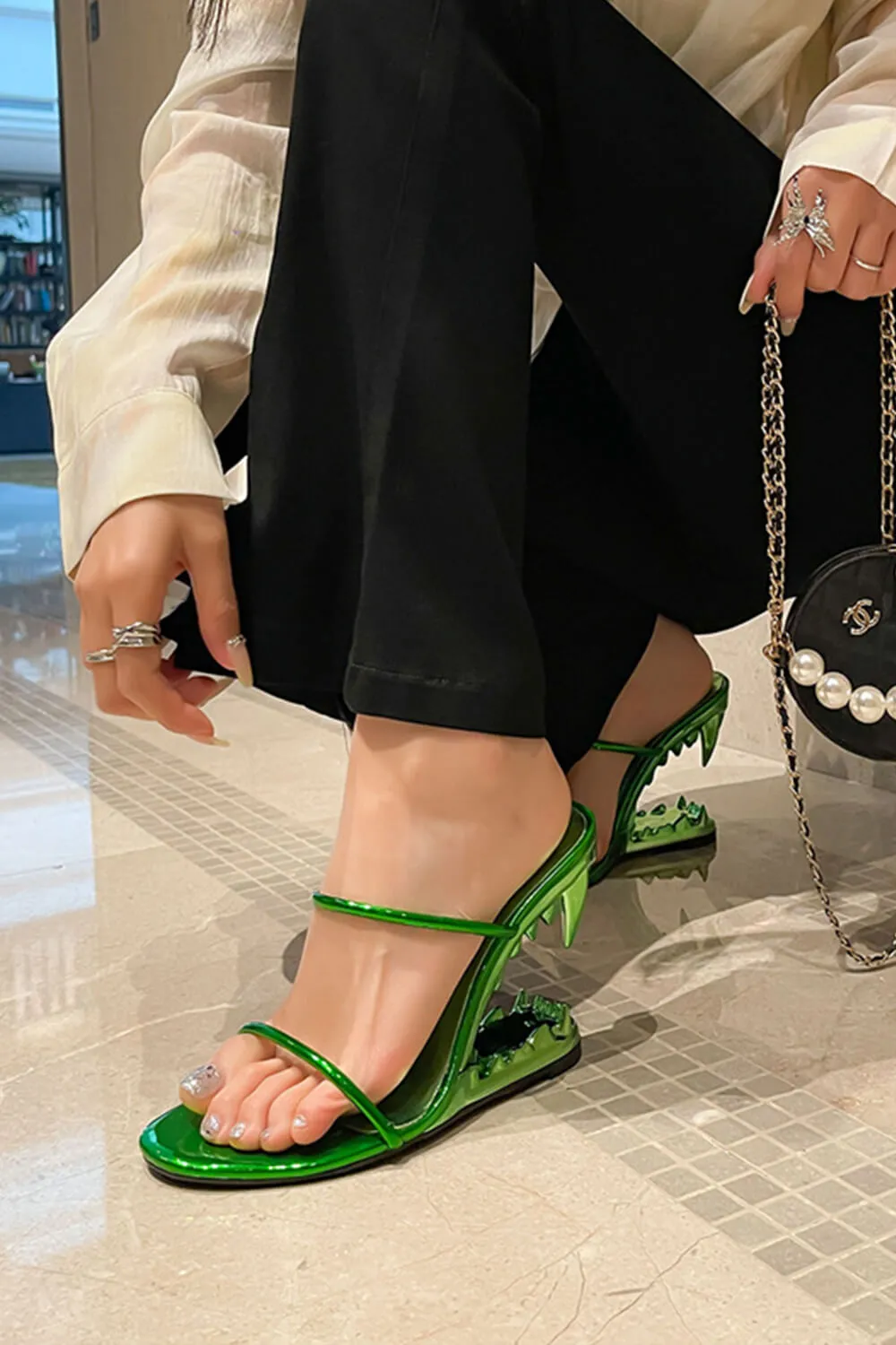 Metallic Open Toe Sculptured Wedge Heeled Slingback Sandals - Green sold by Floralkini product image thumbnail 3