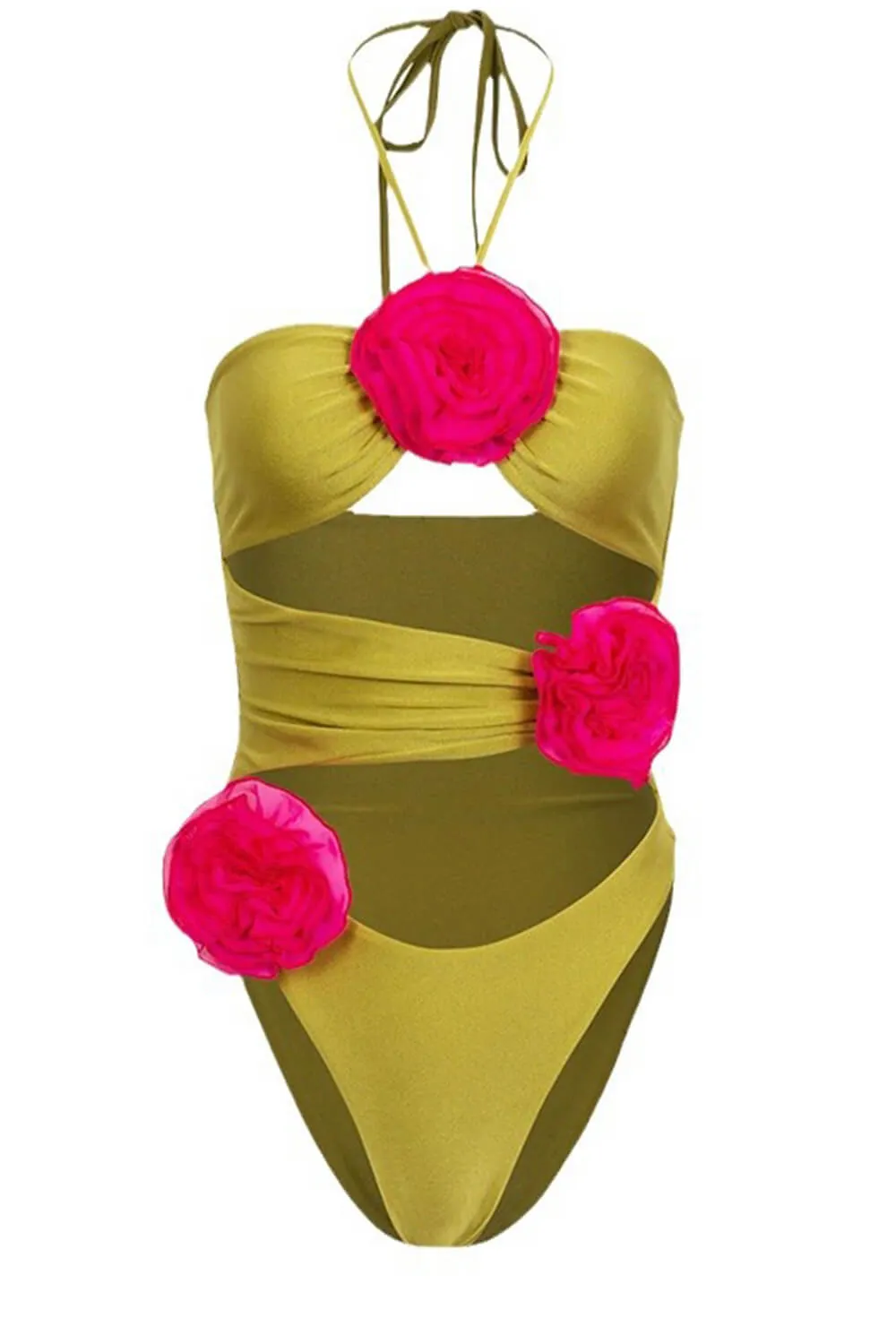 3D Flower Retro Bustier One Piece Swimsuit - Green & Fuchsia sold by Floralkini product image thumbnail 2