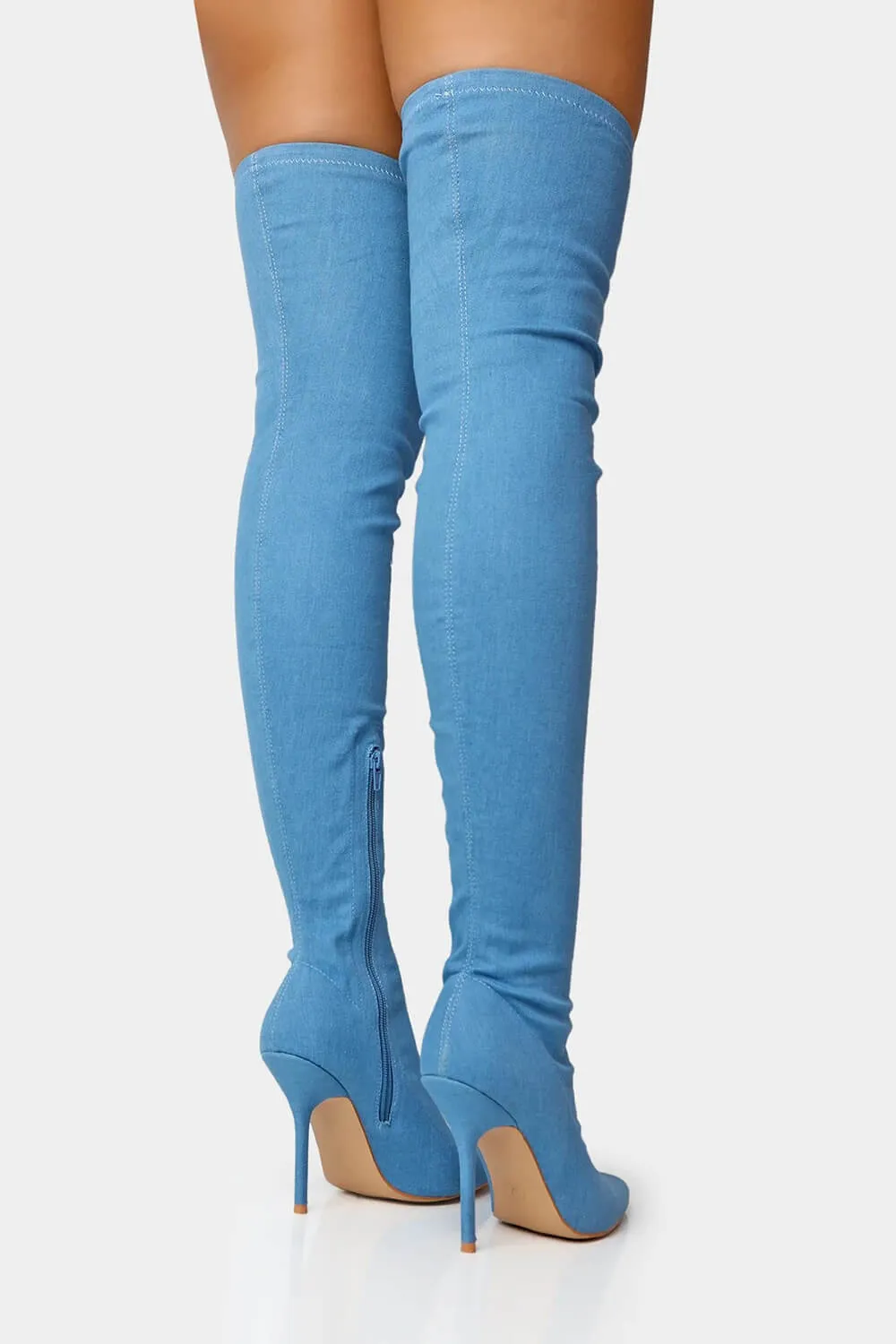 Blue Denim Seam Detail Pointed Toe Thigh High Stiletto Boots sold by Floralkini product image thumbnail 4