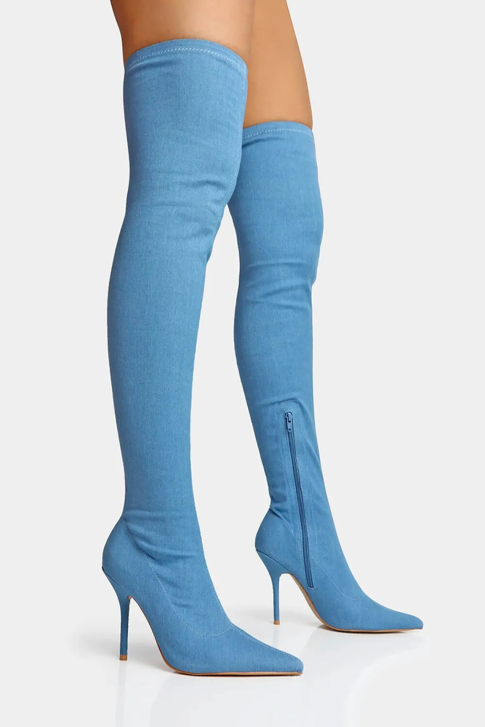 Blue Denim Seam Detail Pointed Toe Thigh High Stiletto Boots sold by Floralkini product image thumbnail 5