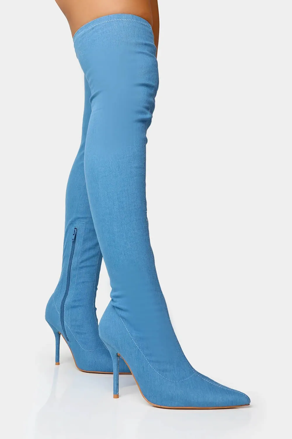 Blue Denim Seam Detail Pointed Toe Thigh High Stiletto Boots sold by Floralkini product image thumbnail 2