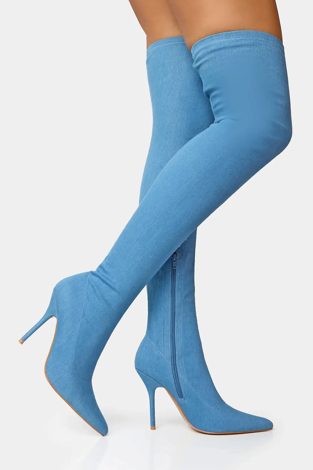 Blue Denim Seam Detail Pointed Toe Thigh High Stiletto Boots sold by Floralkini product image thumbnail 3