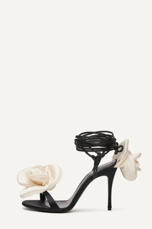 Ivory And Black Flower Embellished Satin Lace Up Open Toe Stiletto Heels Sandals sold by Floralkini