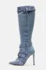 Pointed Toe Knee-High Stiletto Boots With Studs And Pin Buckle Strap Details - Denim sold by Floralkini