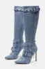 Pointed Toe Knee-High Stiletto Boots With Studs And Pin Buckle Strap Details - Denim sold by Floralkini