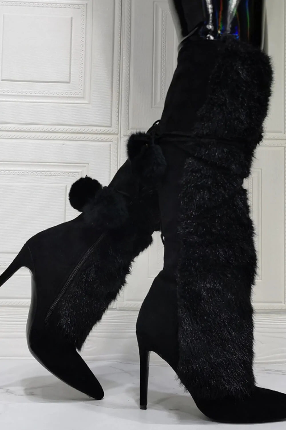 Suede Fluffy Faux-Fur Pom Pom Pointed Toe Knee High Boot sold by Floralkini product image thumbnail 3