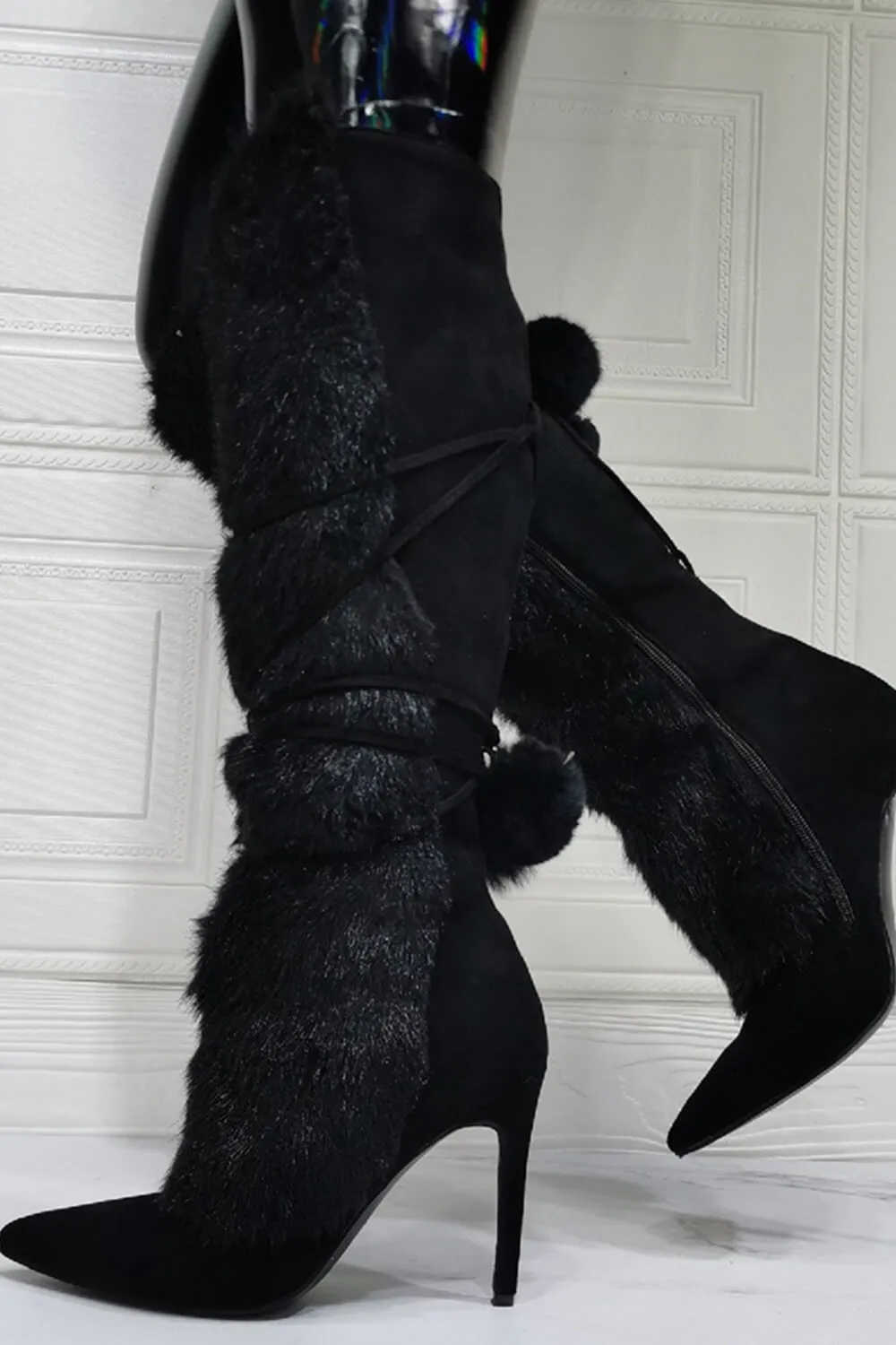 Suede Fluffy Faux-Fur Pom Pom Pointed Toe Knee High Boot sold by Floralkini product image thumbnail 4