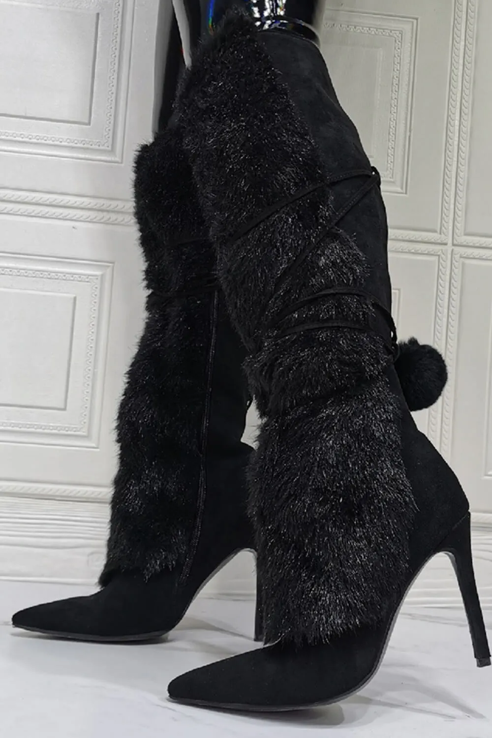 Suede Fluffy Faux-Fur Pom Pom Pointed Toe Knee High Boot sold by Floralkini