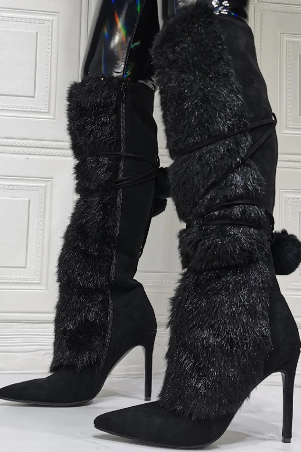 Suede Fluffy Faux-Fur Pom Pom Pointed Toe Knee High Boot sold by Floralkini product image thumbnail 2