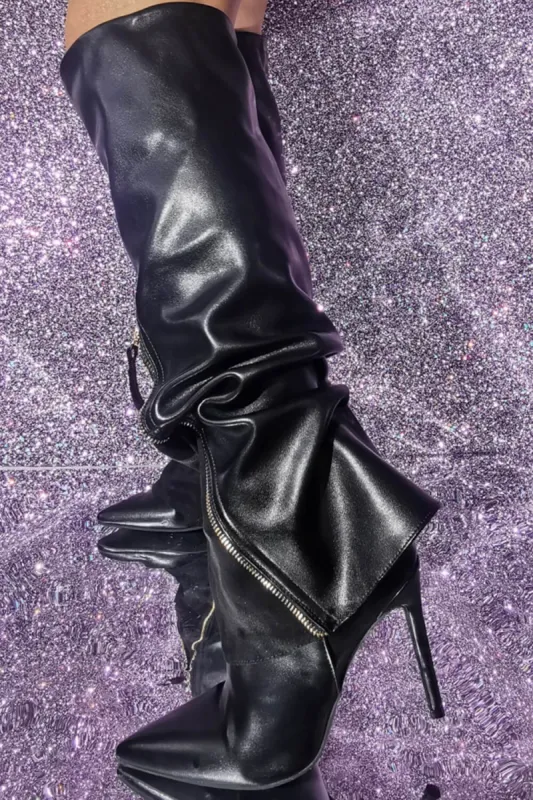 Black Faux Leather Zip Front Foldover Knee High Stiletto Boots sold by Floralkini