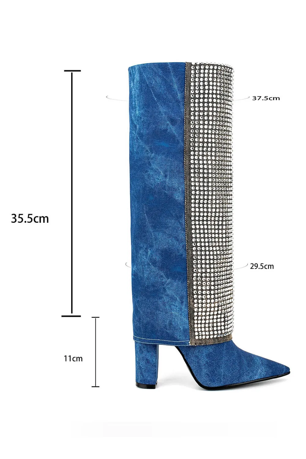 Denim Folded Rhinestone Knee High Pointed Toe Block Heel Long Boots sold by Floralkini product image thumbnail 5