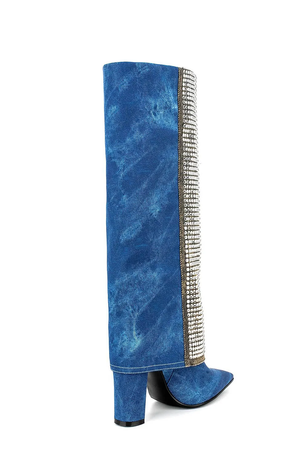Denim Folded Rhinestone Knee High Pointed Toe Block Heel Long Boots sold by Floralkini product image thumbnail 2