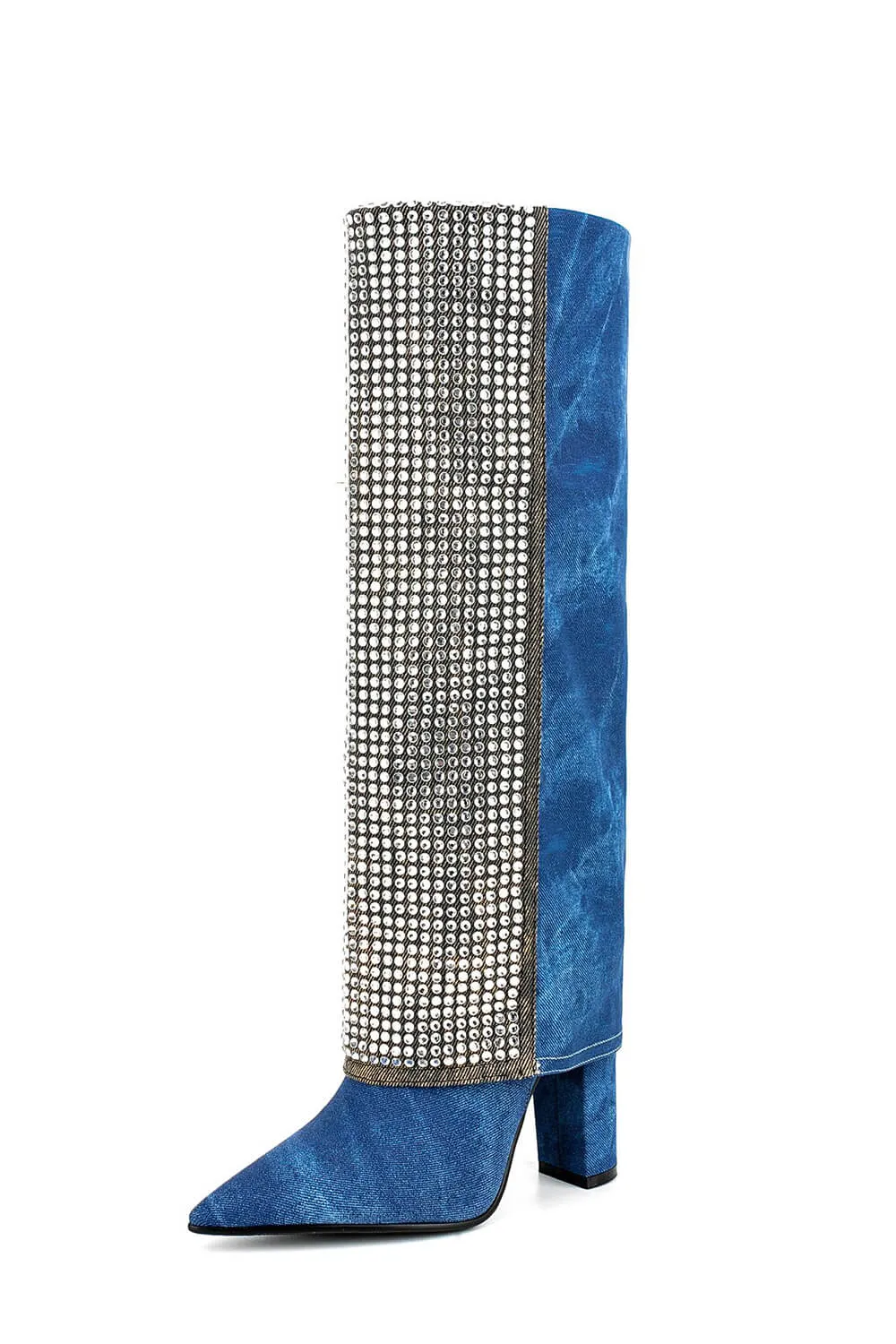 Denim Folded Rhinestone Knee High Pointed Toe Block Heel Long Boots sold by Floralkini product image thumbnail 3