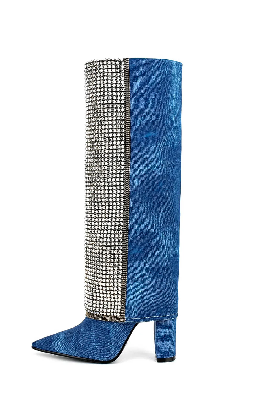 Denim Folded Rhinestone Knee High Pointed Toe Block Heel Long Boots sold by Floralkini