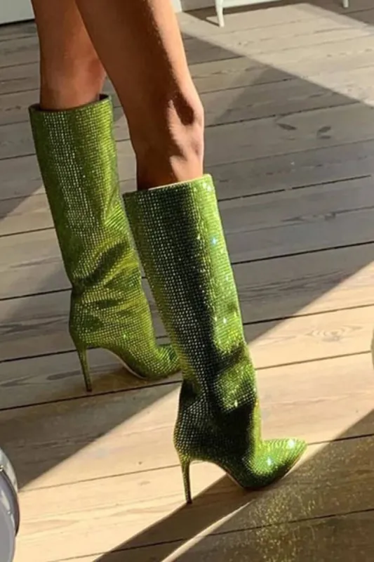 Gem Embellished Diamante Pointed Toe Stiletto Heel Knee High Long Boot - Red/Pink/Silver/Green sold by Floralkini