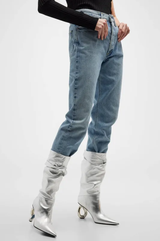 Metallic Slouchy Pointed Toe Chain-Heel Mid Boots - Silver sold by Floralkini