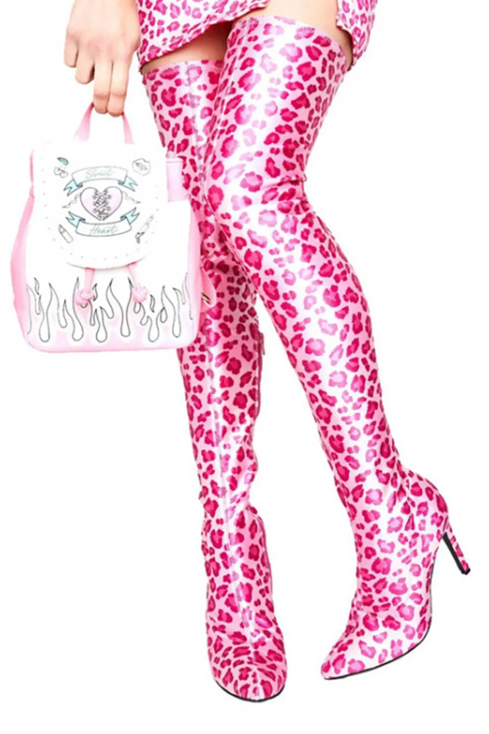 Pink Leopardsatin Pointed Toe Thigh High Boots sold by Floralkini