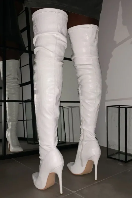 White Croc Print Thigh High Stiletto Boots sold by Floralkini