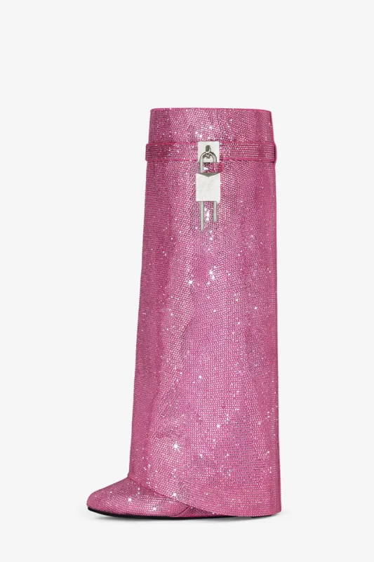 Gem Embellished Diamante Padlock Detail Folded Biker Knee High Boots - Pink sold by Floralkini