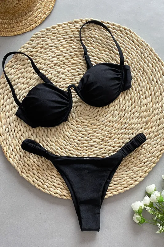Balconette Underwire Elastic Ruched High Leg Bikini Set - Black sold by Floralkini