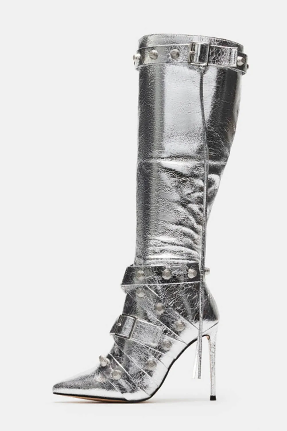 Pointed Toe Knee-High Stiletto Boots With Studs And Pin Buckle Strap Details - Metallic Silver sold by Floralkini