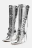 Pointed Toe Knee-High Stiletto Boots With Studs And Pin Buckle Strap Details - Metallic Silver sold by Floralkini