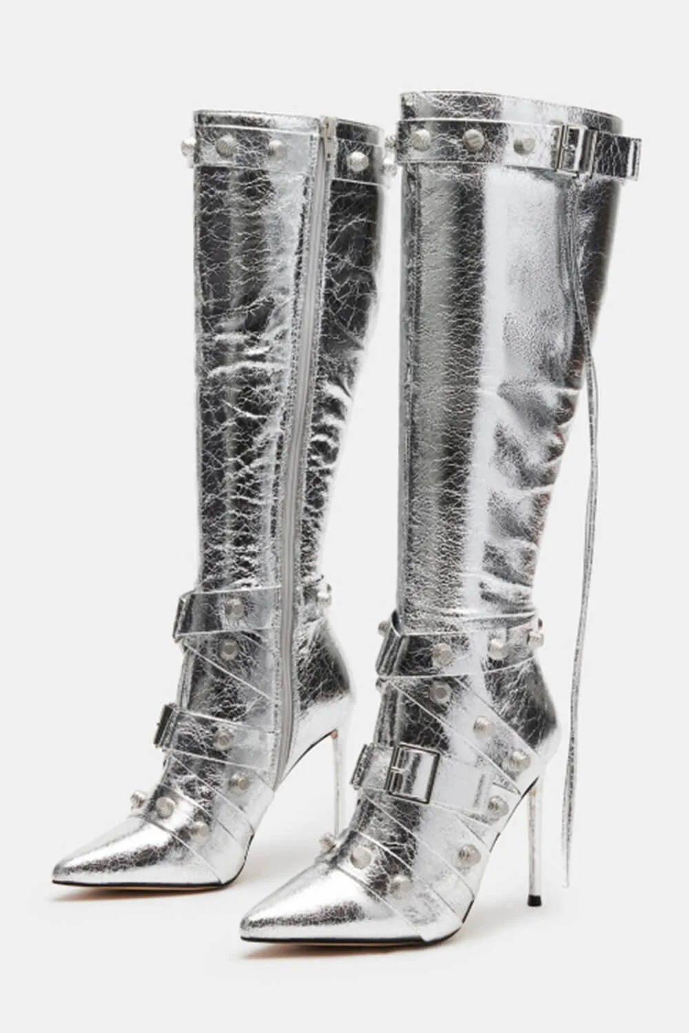 Pointed Toe Knee-High Stiletto Boots With Studs And Pin Buckle Strap Details - Metallic Silver sold by Floralkini product image thumbnail 2