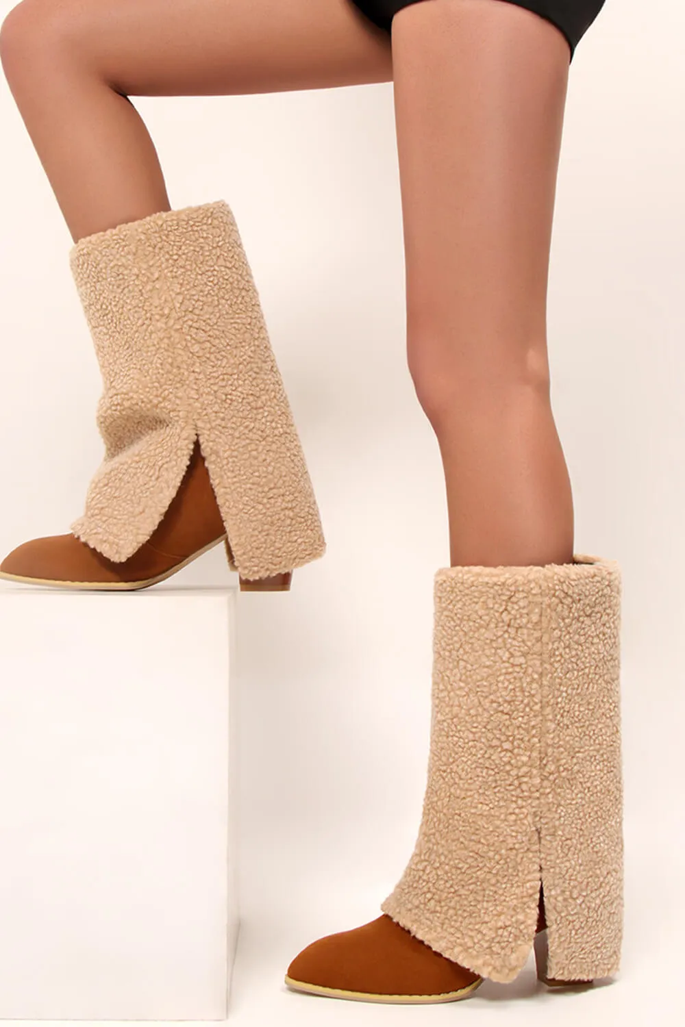 Point Toe Faux Shearling Foldover Mid-Calf Boots sold by Floralkini