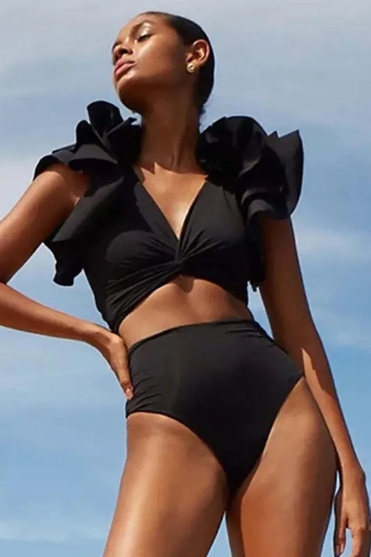 Black Ruffled Plunge Twist-Knot High-Waisted Two-Piece Swimsuit sold by Floralkini
