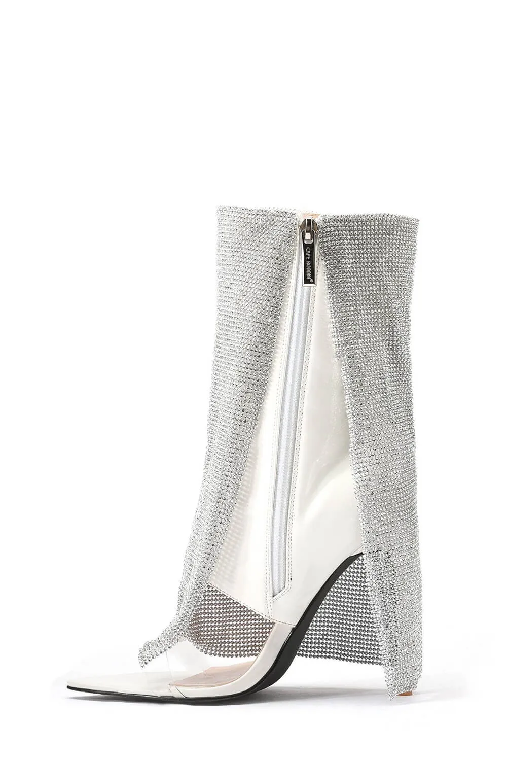 Rhinestone Mesh Overlay Open Pointed Toe Pvc Stiletto Boots - White sold by Floralkini