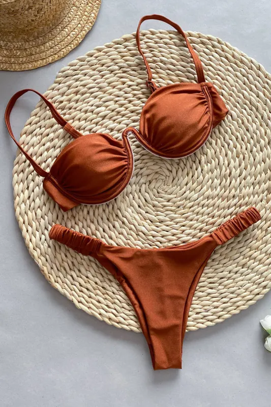 Balconette Underwire Elastic Ruched High Leg Bikini Set - Rust sold by Floralkini
