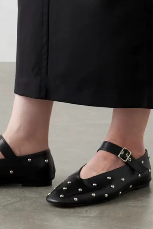 Faux Leather Stud-Embellished Buckled Ballet Flats - Black sold by Floralkini