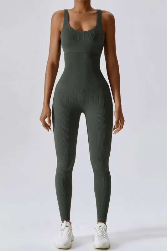 Ribbed Wide Strap Scoop Neck Full Length Jumpsuit sold by Floralkini