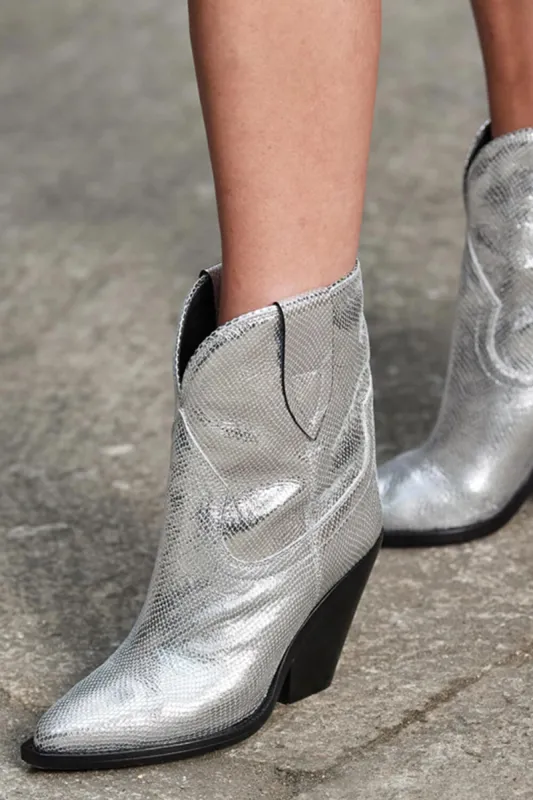 Silver Metallic Cowboy Pointed Toe Block Heeled Ankle Boots sold by Floralkini
