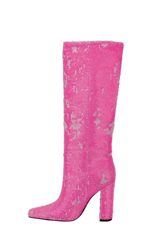 Sequin Knee High Square Toe Block Heel Long Boots - Hot Pink sold by Floralkini