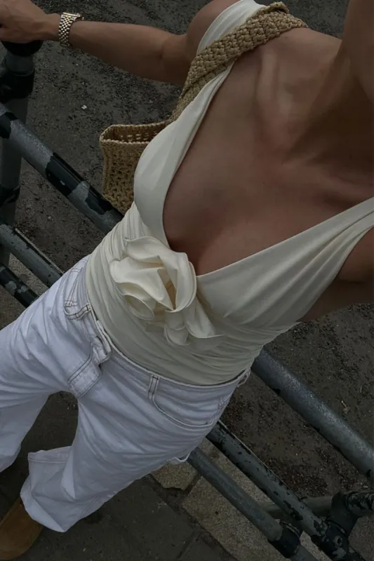 Cream V Neck 3D Flower Ruched One Piece Swimsuit sold by Floralkini