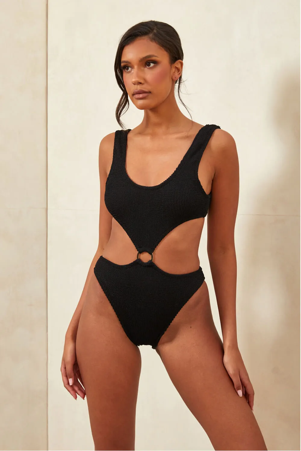 Crinkle Cut-Out Ring Middle One Piece Swimsuit - Black sold by Floralkini