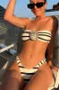 Rosette Bandeau High-Cut Scrunch Bikini Set - Black White Stripe sold by Floralkini