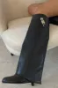 Faux Leather Padlock Detail Folded Wedge Heel Knee High Long Boots - Black sold by Floralkini